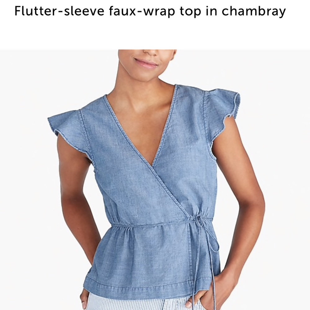 FLUTTER-SLEEVE FAUX-WRAP TOP IN CHAMBRAY